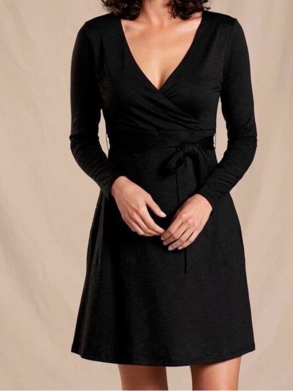 Toad & Co Sz Small Black Freesia Faux Wrap Dress midi organic cotton belted